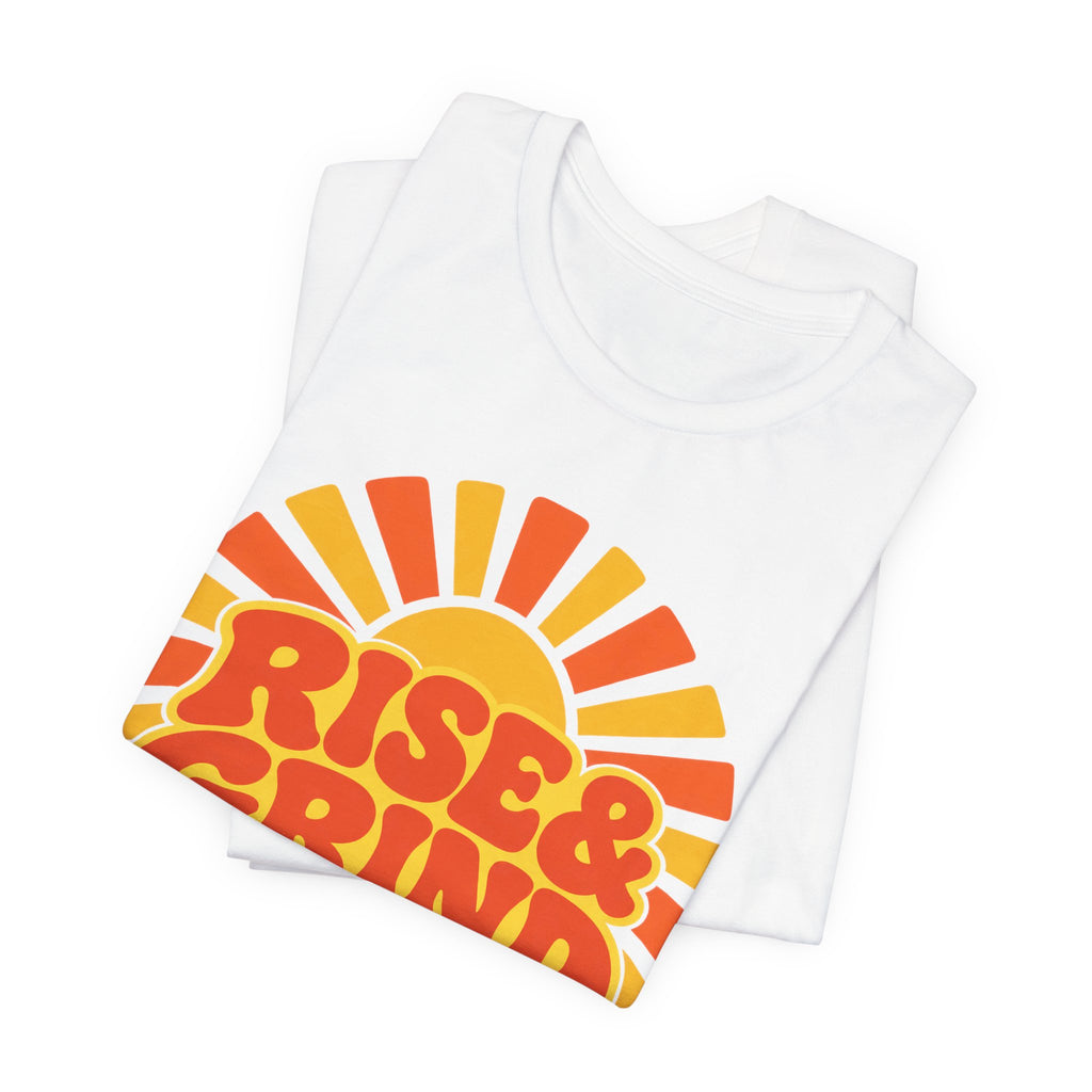 Rise and Grind Retro Sunburst T-Shirt | Gym Motivation Tee | Early Riser Gift Shirt