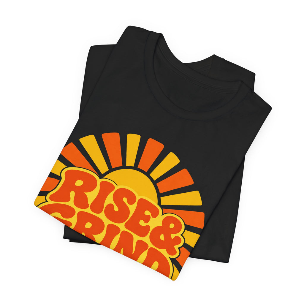 Rise and Grind Retro Sunburst T-Shirt | Gym Motivation Tee | Early Riser Gift Shirt