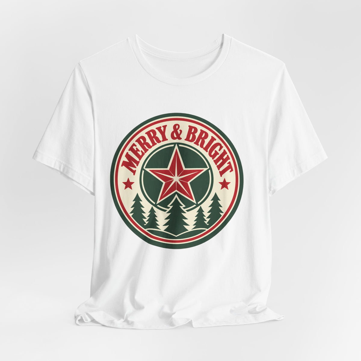 Merry and Bright T-Shirt | Retro Badge Christmas Tee | Festive Holiday Gift Shirt
