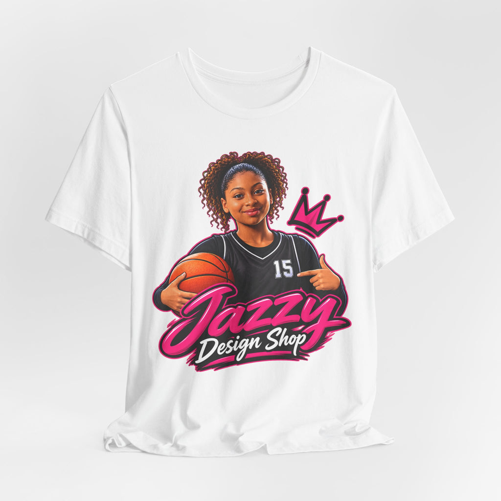 Jazzy Design Shop Mascot Tee | Basketball Girl Holding Ball Shirt | Brand Mascot Shirt | Basketball Crown Gift Tee