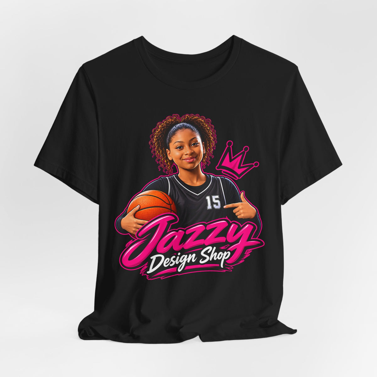 Jazzy Design Shop Mascot Tee | Basketball Girl Holding Ball Shirt | Brand Mascot Shirt | Basketball Crown Gift Tee