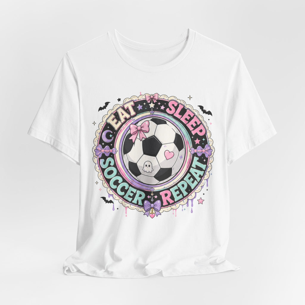 Eat Sleep Soccer Repeat Tee | Pastel Soccer Badge Shirt | Soccer Gift Tee | Cute Soccer Ball Design
