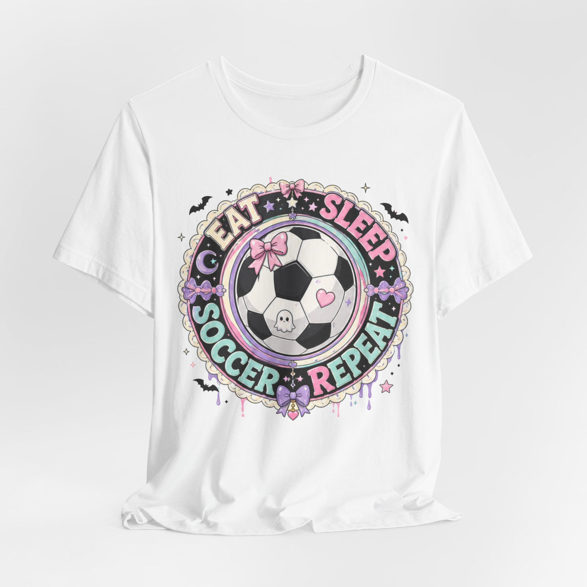 Eat Sleep Soccer Repeat Tee | Pastel Soccer Badge Shirt | Soccer Gift Tee | Cute Soccer Ball Design