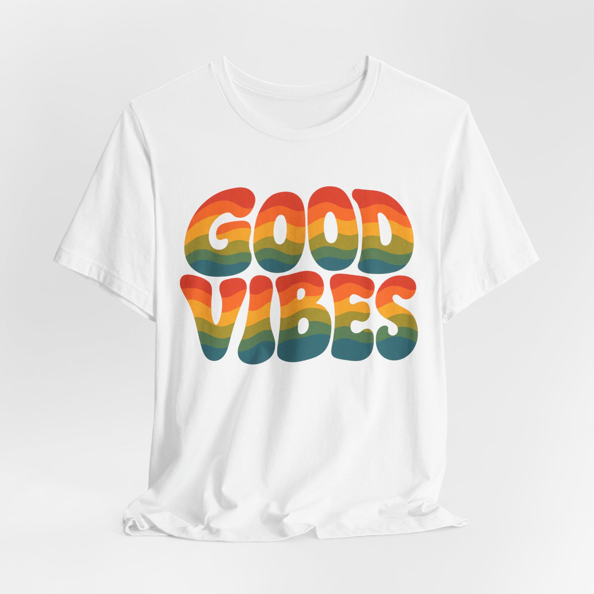 Good Vibes Wavy 70s Text T-Shirt | Retro Rainbow Groovy Tee | Vintage Style Gift Shirt
