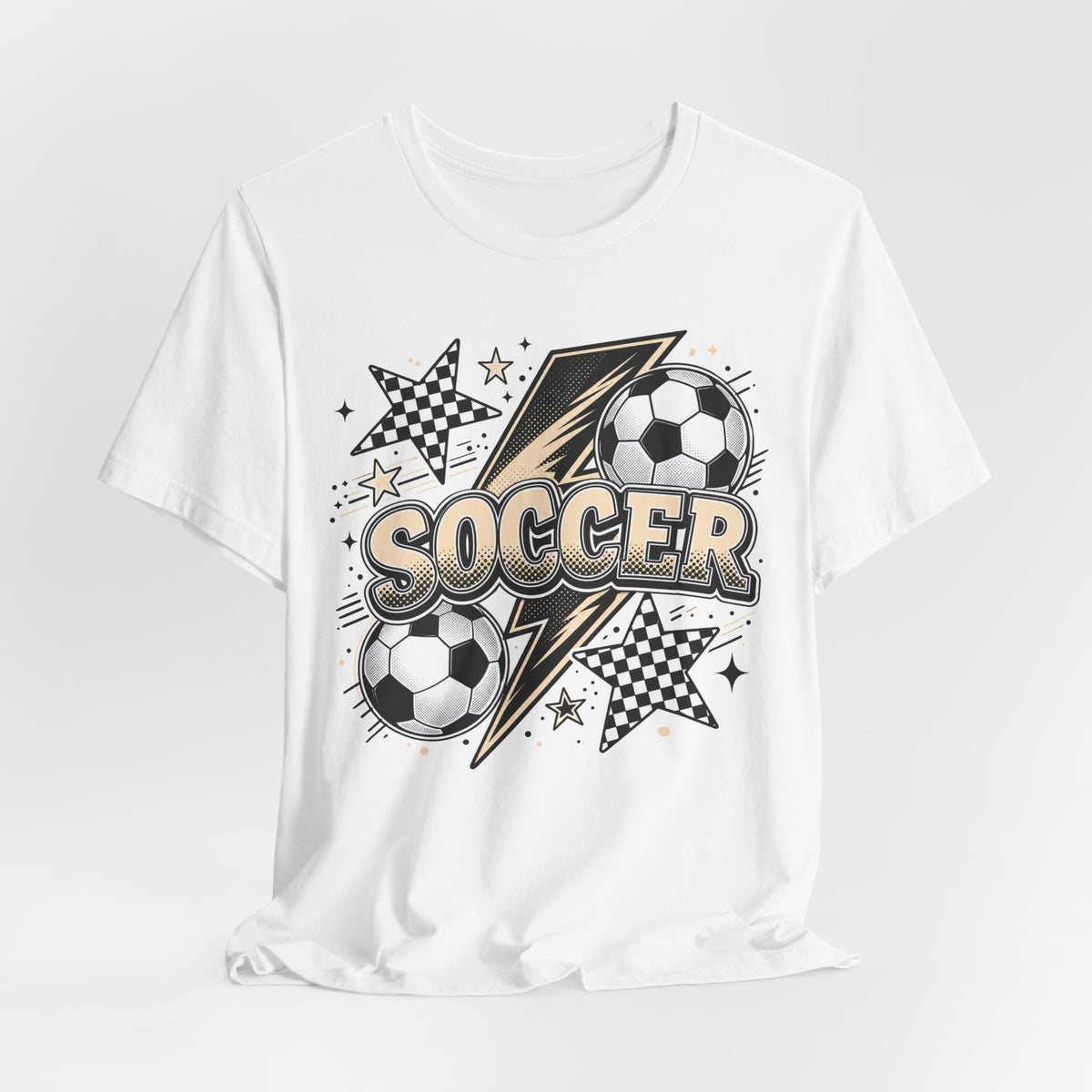 Soccer Lightning Tee | Bold Soccer Ball Graphic Shirt | Soccer Gift Tee | Checkered Star Soccer Design