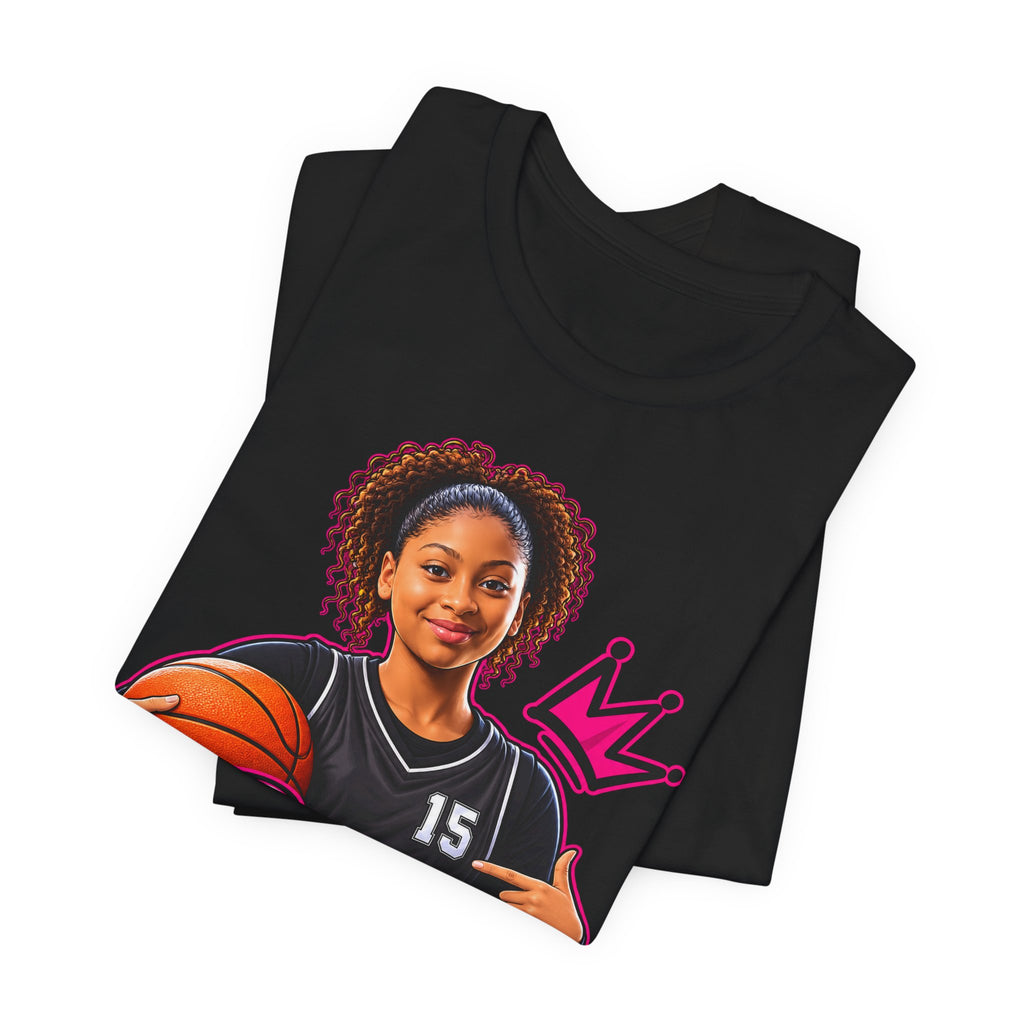 Jazzy Design Shop Mascot Tee | Basketball Girl Holding Ball Shirt | Brand Mascot Shirt | Basketball Crown Gift Tee