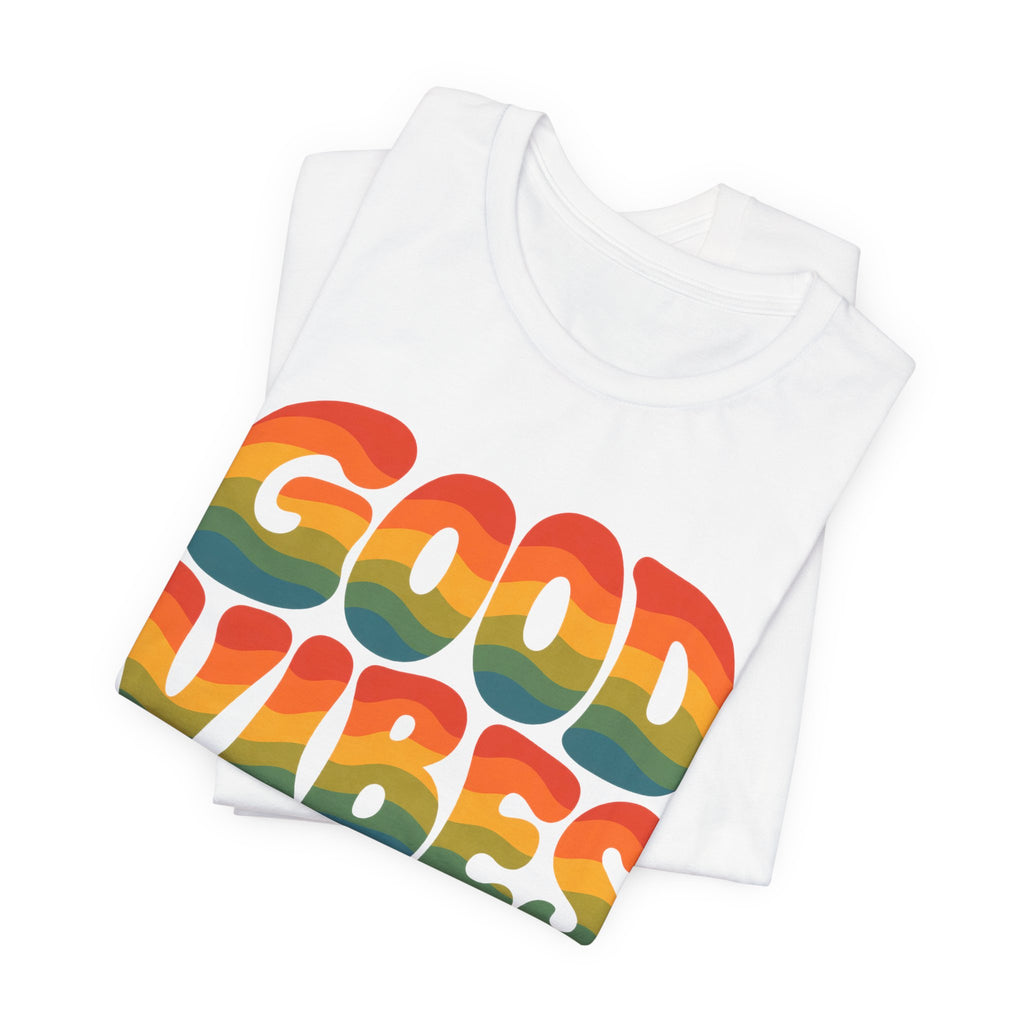 Good Vibes Wavy 70s Text T-Shirt | Retro Rainbow Groovy Tee | Vintage Style Gift Shirt