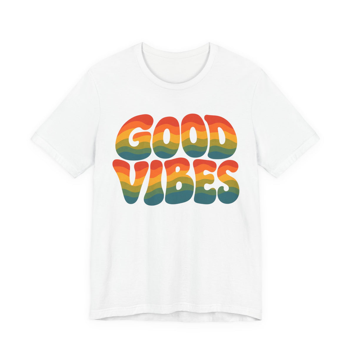Good Vibes Wavy 70s Text T-Shirt | Retro Rainbow Groovy Tee | Vintage Style Gift Shirt
