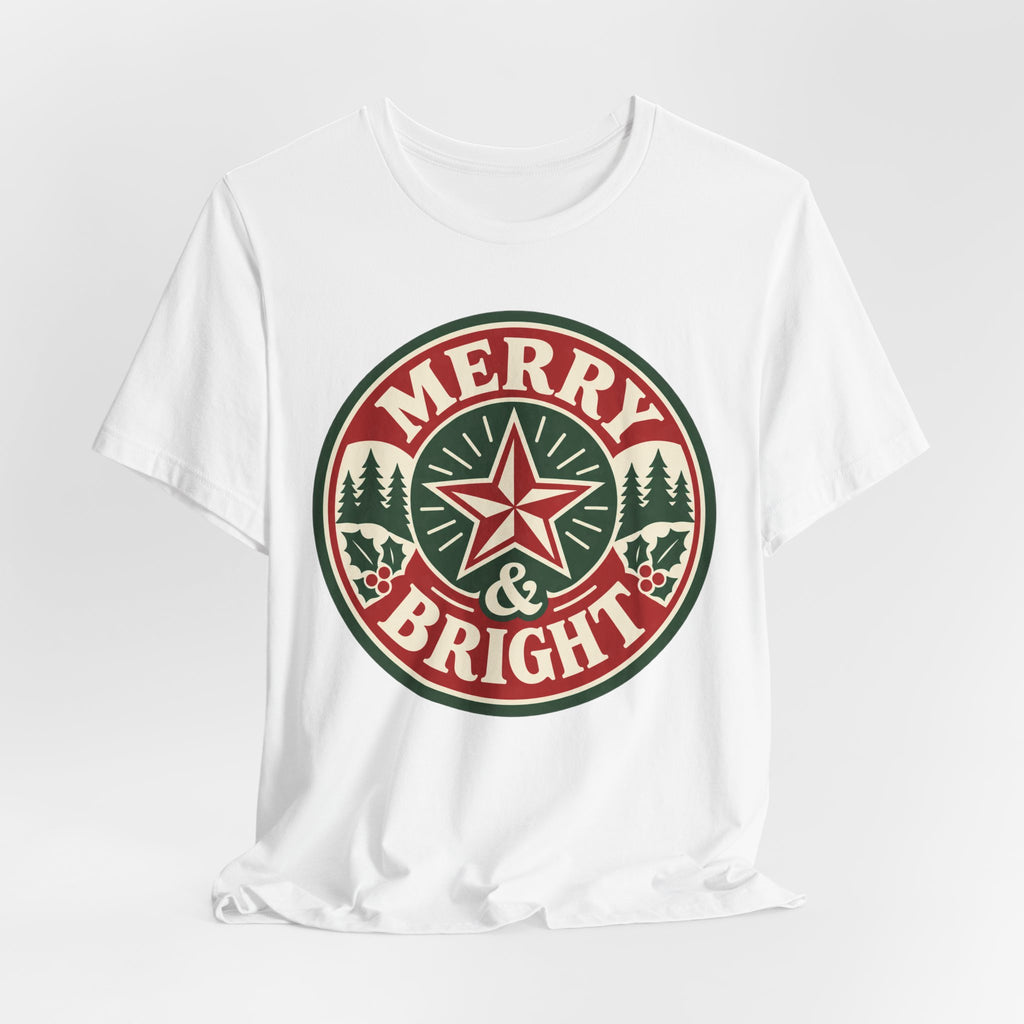 Merry and Bright T-Shirt | Retro Badge Christmas Tee | Festive Holiday Gift Shirt