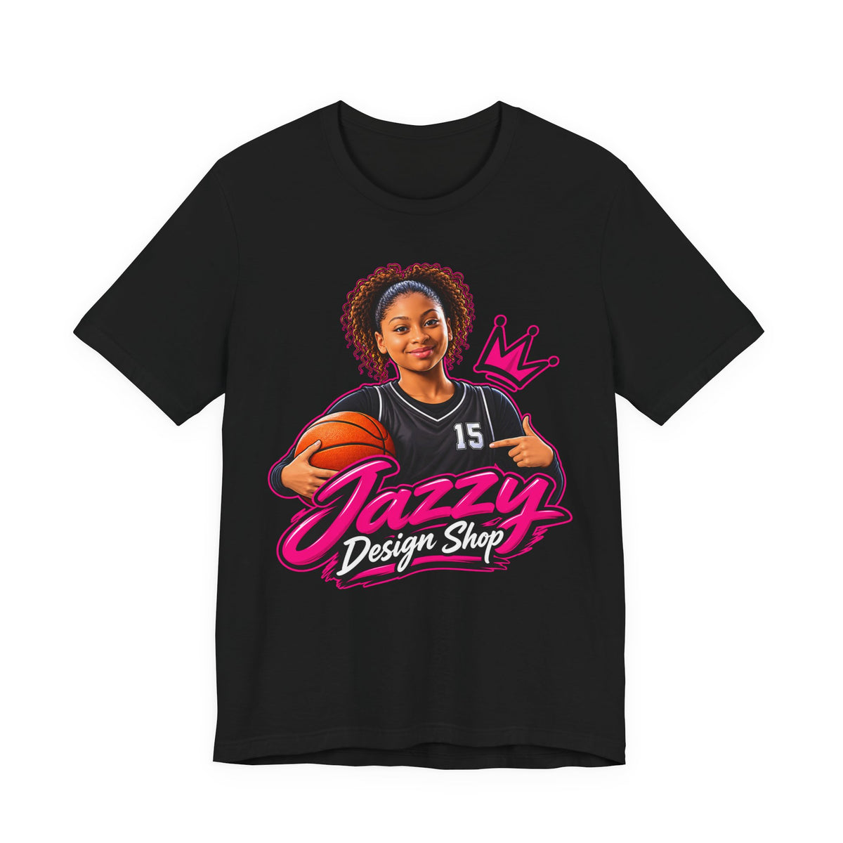 Jazzy Design Shop Mascot Tee | Basketball Girl Holding Ball Shirt | Brand Mascot Shirt | Basketball Crown Gift Tee