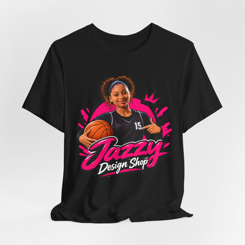 Jazzy Design Shop Mascot Tee | Basketball Girl Holding Ball Shirt | Open Splash Brand Mascot Shirt | Basketball Gift Tee