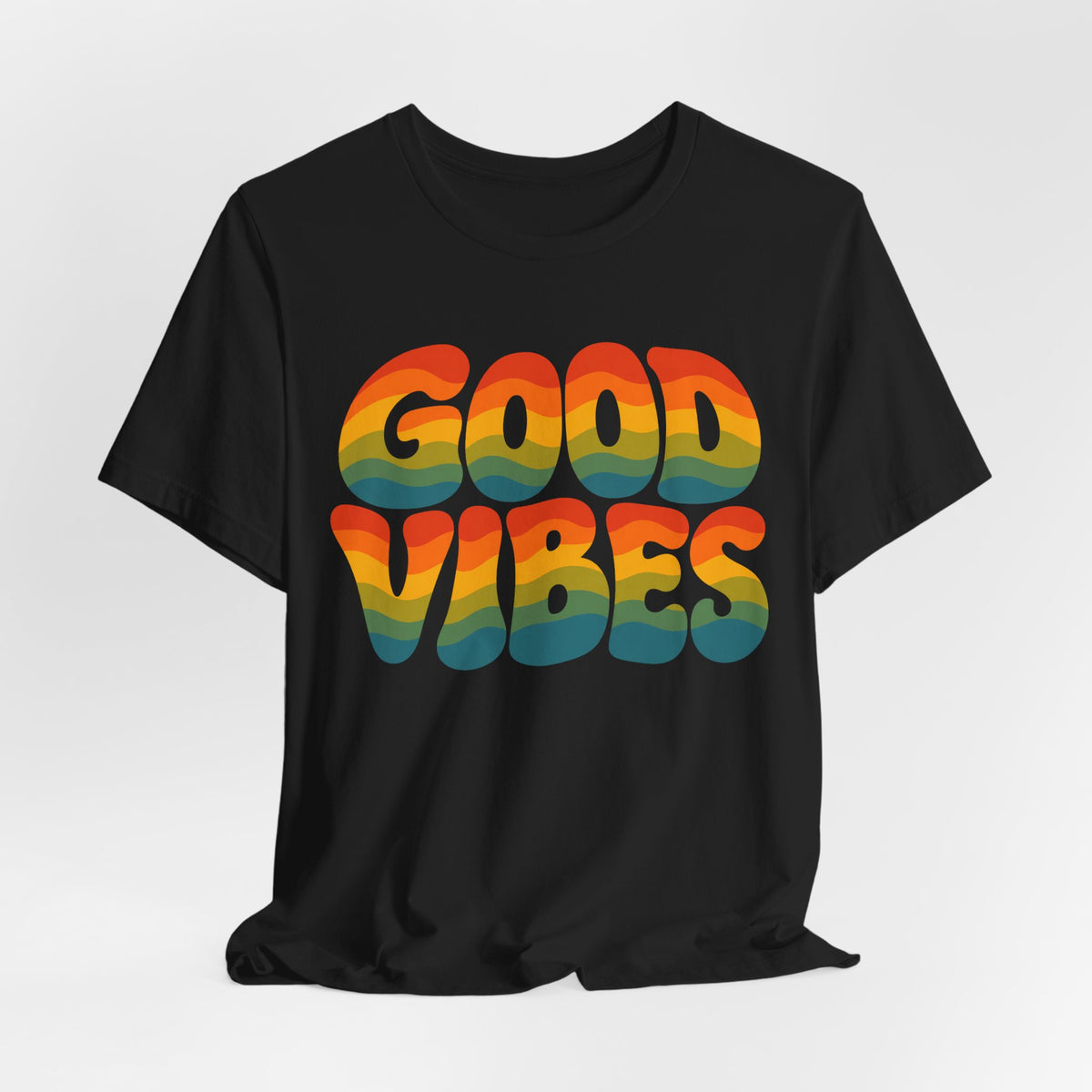 Good Vibes Wavy 70s Text T-Shirt | Retro Rainbow Groovy Tee | Vintage Style Gift Shirt