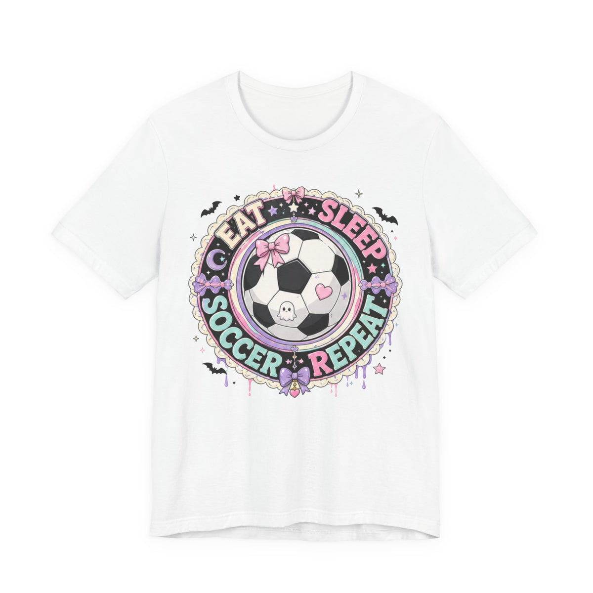 Eat Sleep Soccer Repeat Tee | Pastel Soccer Badge Shirt | Soccer Gift Tee | Cute Soccer Ball Design