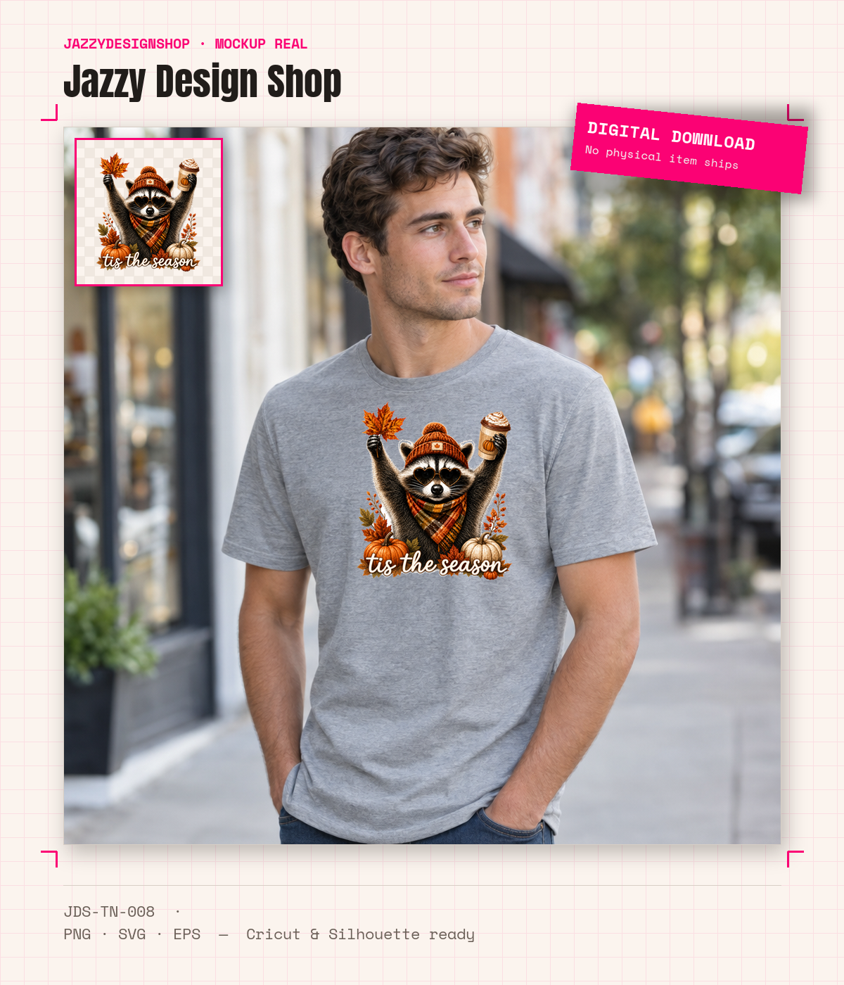 [Digital Download] Tis The Season Autumn Raccoon Tee SVG PNG EPS Cricut Silhouette Sublimation Design