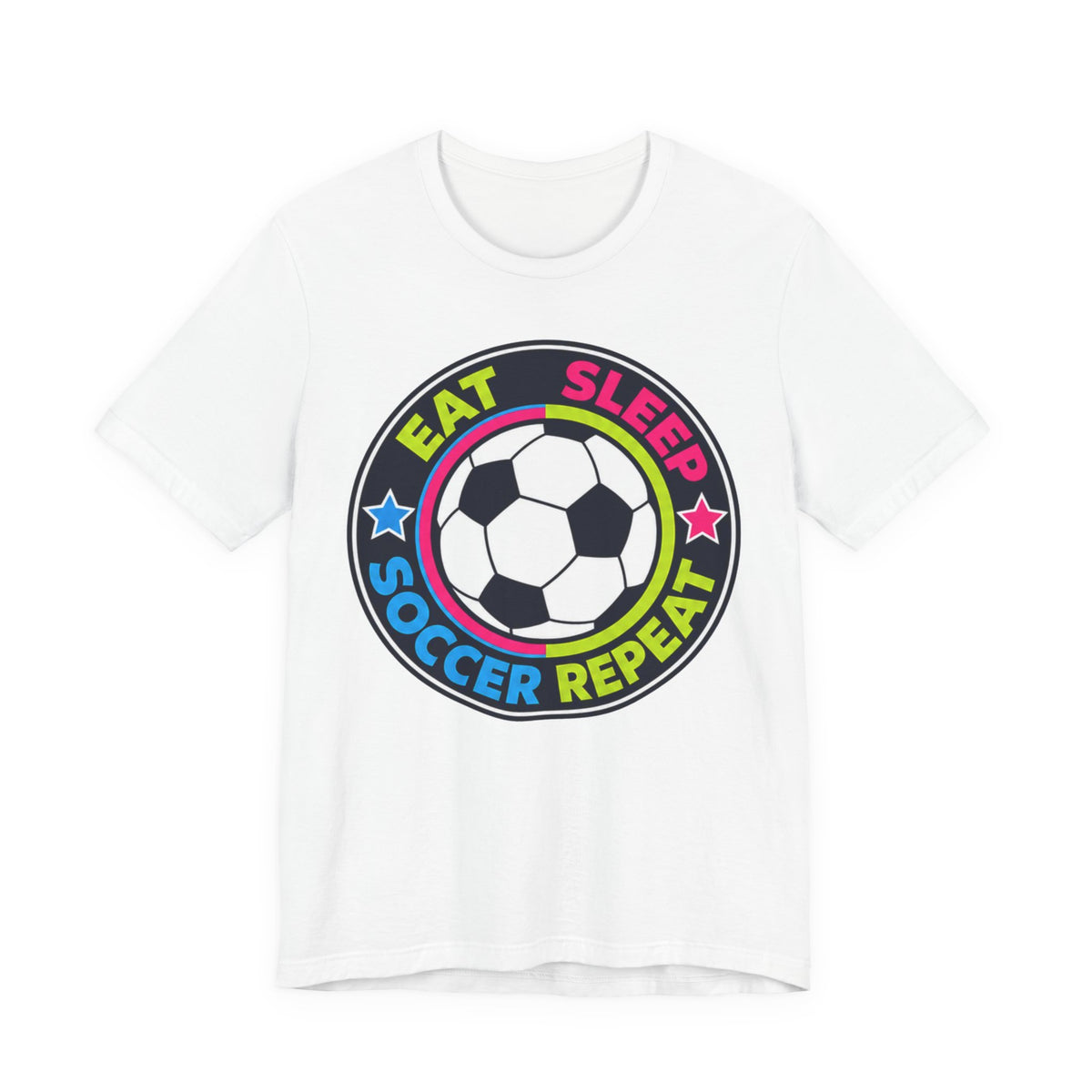 Eat Sleep Soccer Repeat Neon Tee | Bold Soccer Badge Shirt | Soccer Gift Tee | Bright Soccer Ball Design