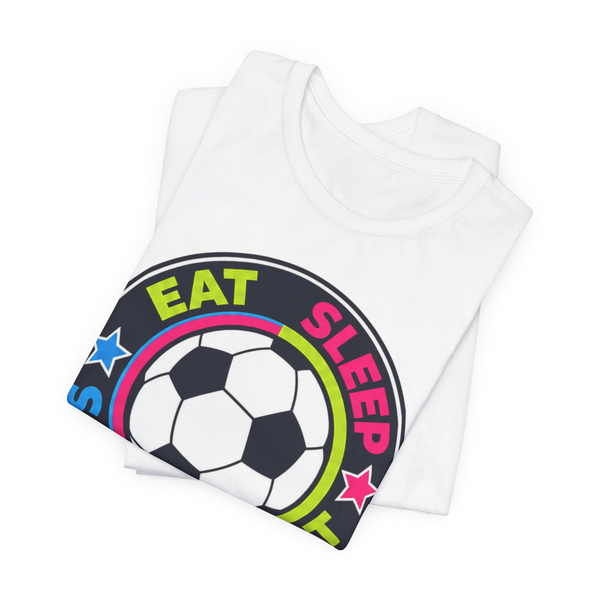 Eat Sleep Soccer Repeat Neon Tee | Bold Soccer Badge Shirt | Soccer Gift Tee | Bright Soccer Ball Design