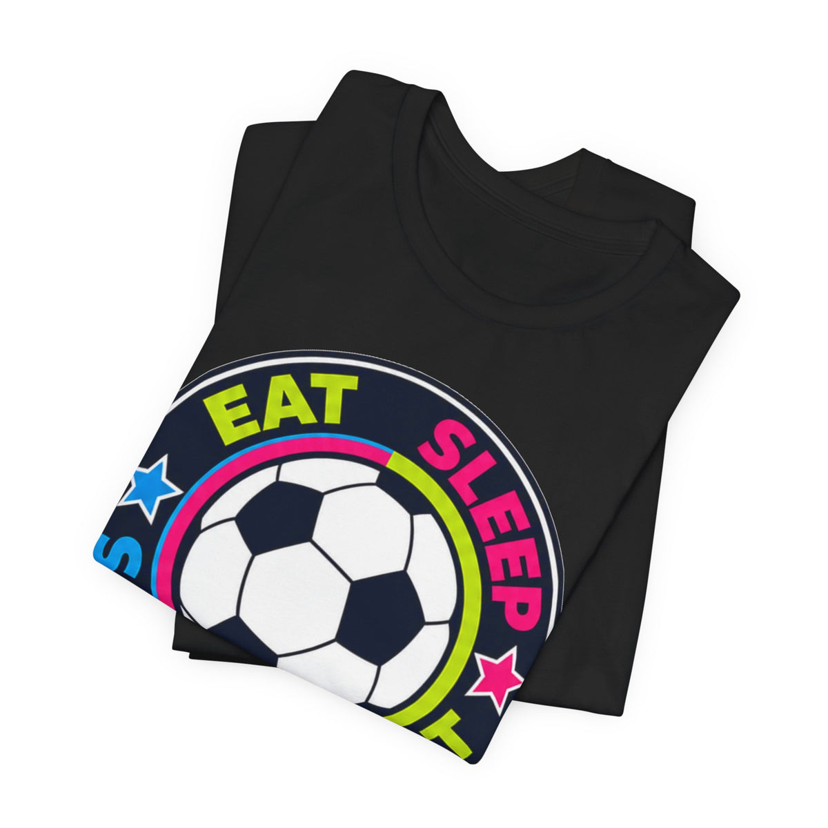 Eat Sleep Soccer Repeat Neon Tee | Bold Soccer Badge Shirt | Soccer Gift Tee | Bright Soccer Ball Design
