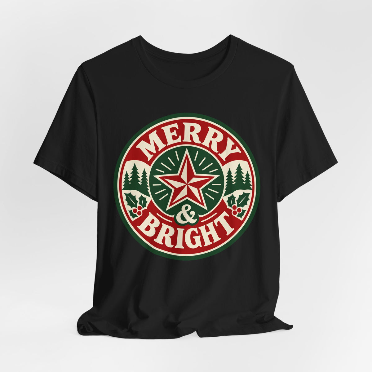 Merry and Bright T-Shirt | Retro Badge Christmas Tee | Festive Holiday Gift Shirt