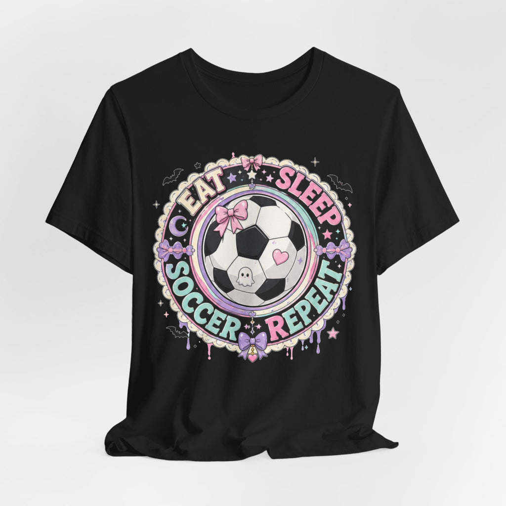 Eat Sleep Soccer Repeat Tee | Pastel Soccer Badge Shirt | Soccer Gift Tee | Cute Soccer Ball Design