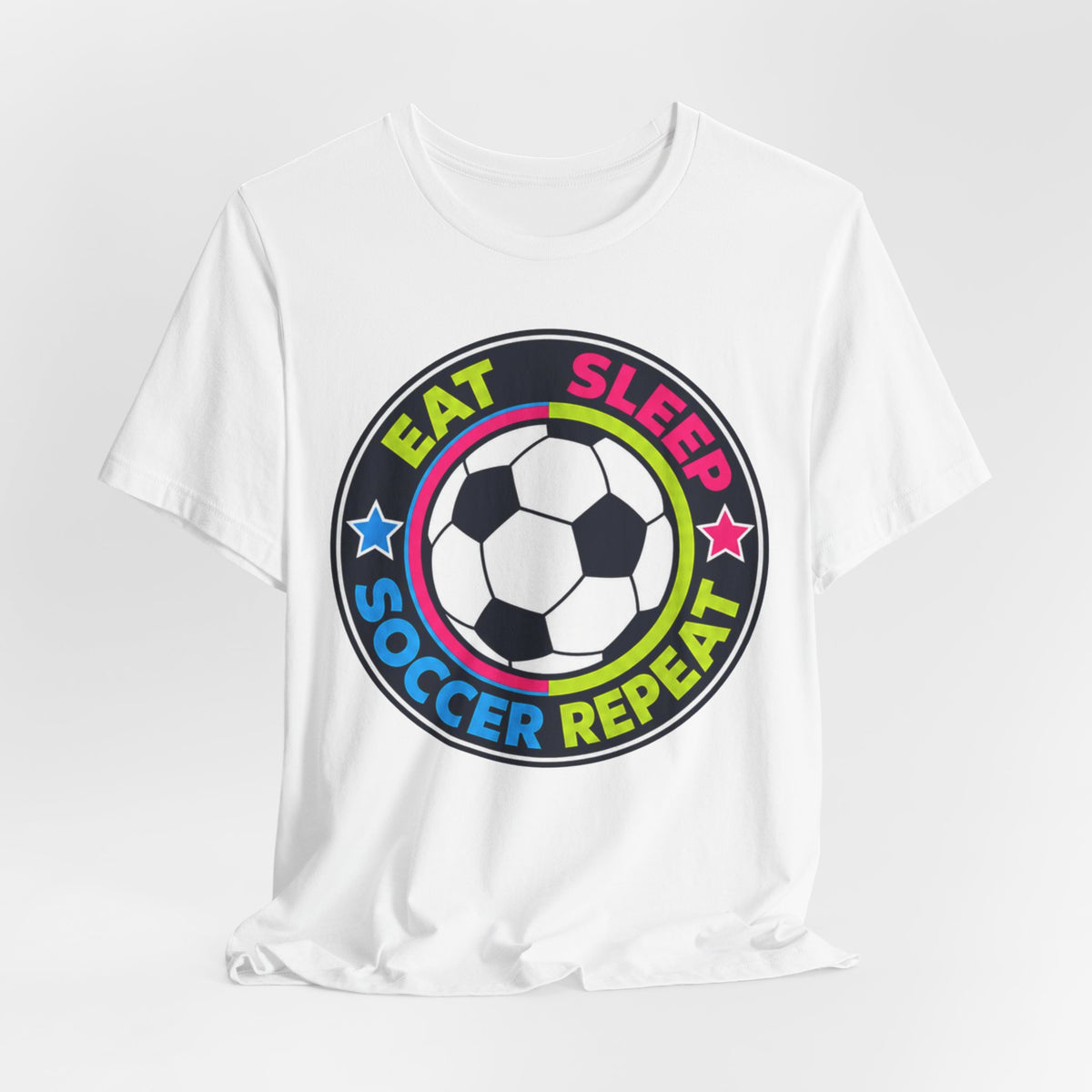 Eat Sleep Soccer Repeat Neon Tee | Bold Soccer Badge Shirt | Soccer Gift Tee | Bright Soccer Ball Design