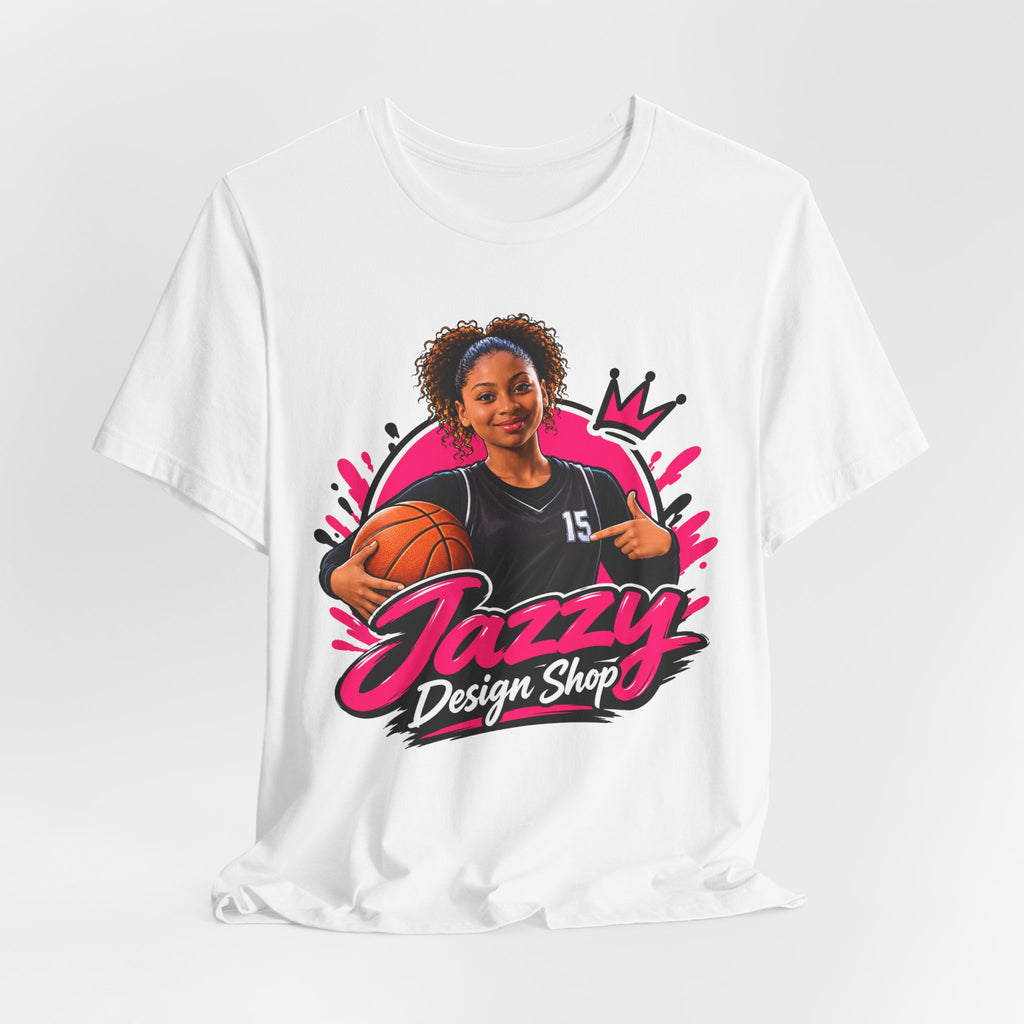 Jazzy Design Shop Mascot Tee | Basketball Girl Holding Ball Shirt | Open Splash Brand Mascot Shirt | Basketball Gift Tee