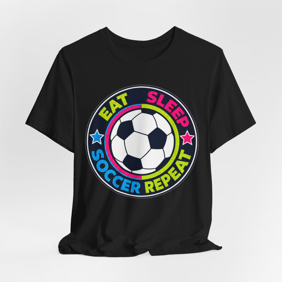 Eat Sleep Soccer Repeat Neon Tee | Bold Soccer Badge Shirt | Soccer Gift Tee | Bright Soccer Ball Design