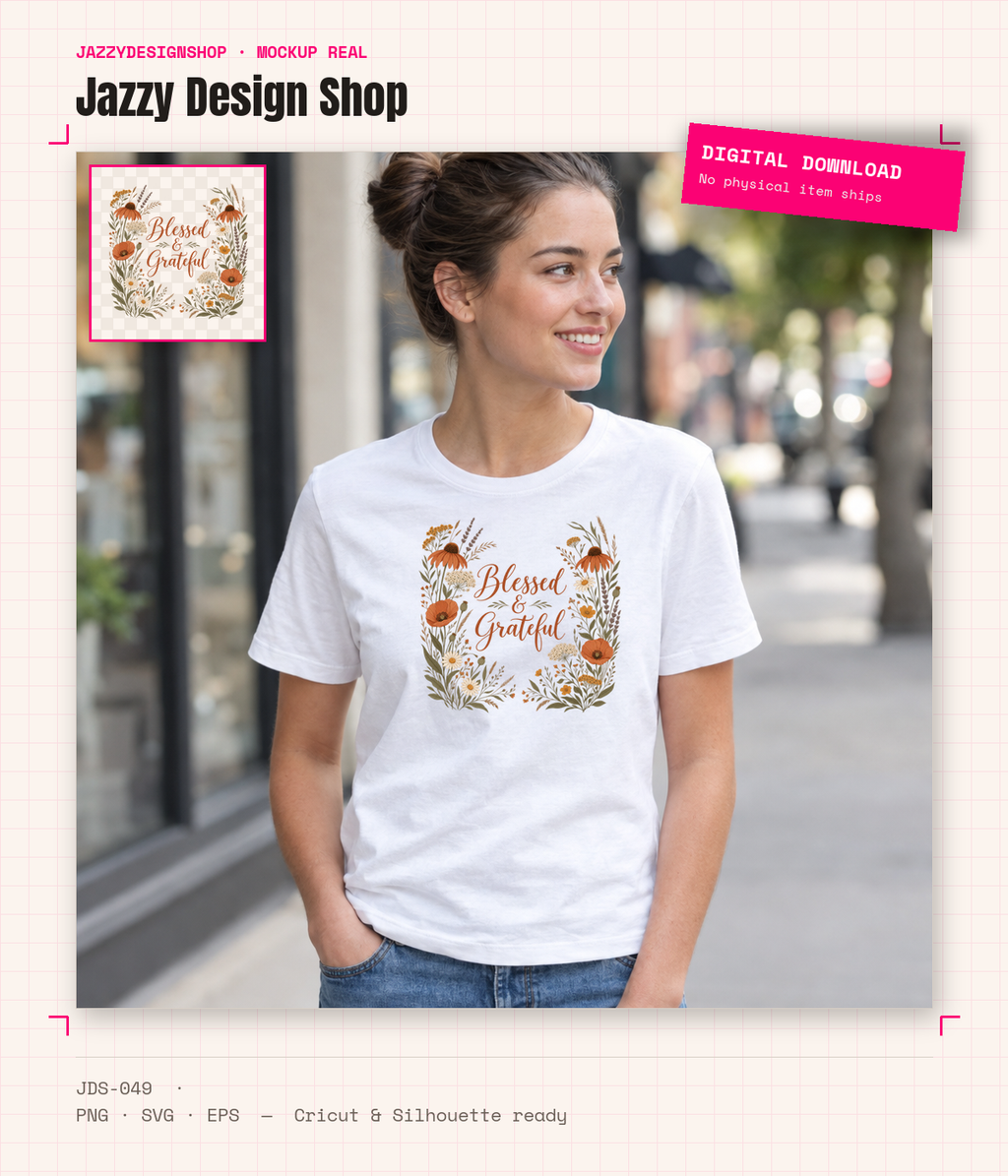 [Digital Download] Blessed and Grateful Boho Floral T-Shirt SVG PNG EPS Cricut Silhouette Sublimation Design