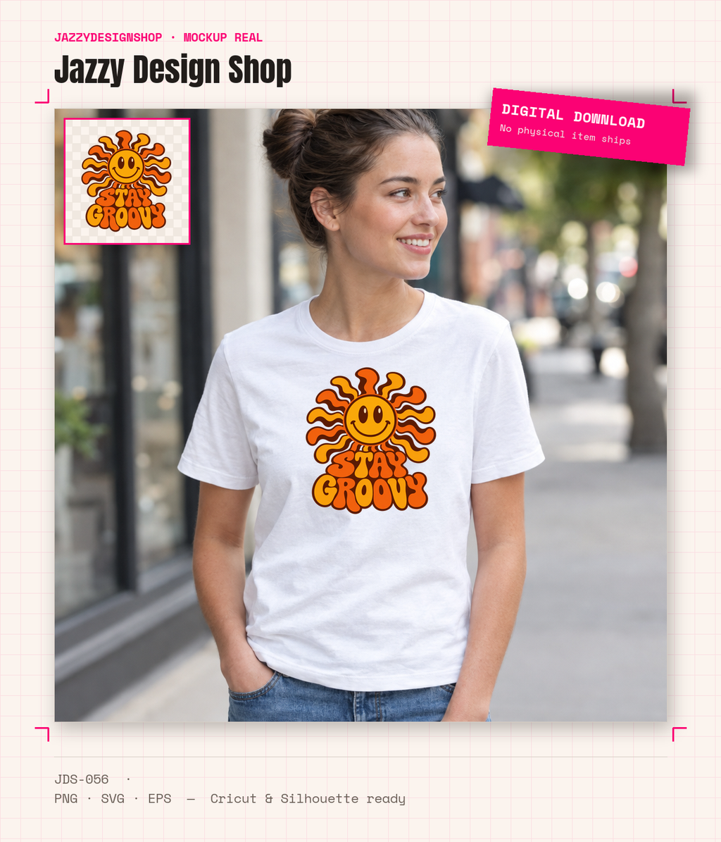 [Digital Download] Groovy Smiley Sun 70s T-Shirt SVG PNG EPS Cricut Silhouette Sublimation Design
