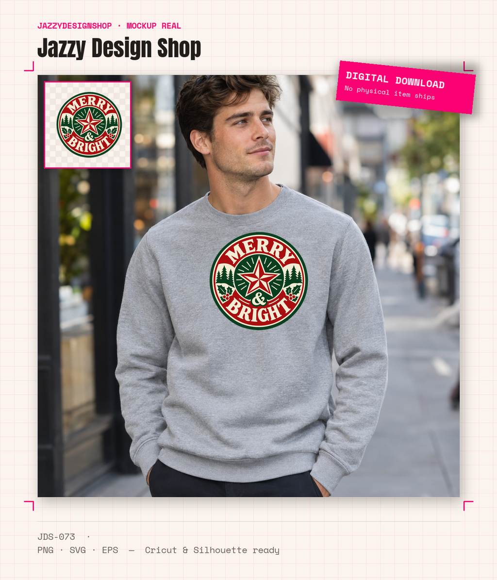 [Digital Download] Merry and Bright T-Shirt SVG PNG EPS Cricut Silhouette Sublimation Design